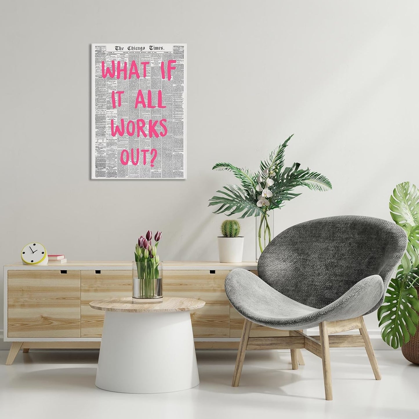 Liyark Retro Trendy Newspaper Canvas Wall Art What If All Works Out Poster Black And White Wall Art Positive Affirmation Quote Wall Art Pink Font Wall Decor Minimalist Home Decor 16x24in Framed