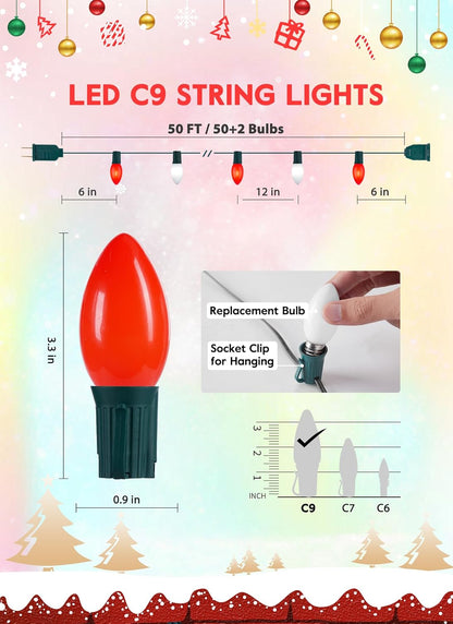 C9 LED Christmas Lights Outdoor, 50 Feet String with 50 Shatterproof Matte Bulbs, Connectable Waterproof Tree Lights for Holiday Roofline Backyard Garden Decor, Red & Pure White