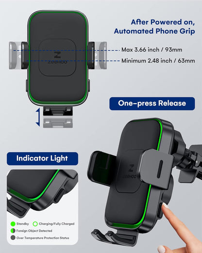 Wireless Car Charger, ZEEHOO DUOXX Dual Coils 15W Fast Charging Auto-Clamping Car Mount, Dashboard, Vent Charging Phone Holder Smart Sensor Cradle for iPhone 15 14 13 12, S23 Ultra, Z Flip4 3, etc