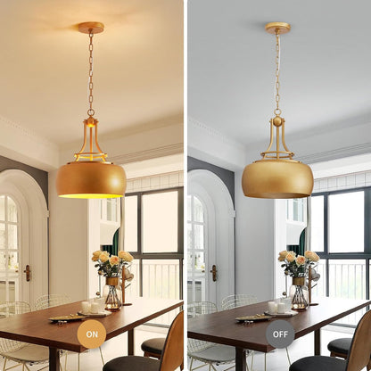 WUZUPS Chandelier Rustic Farmhouse Industrial Round Ceiling Pendant LED Light Fixture with Open Bottom Drum Shade, H 15.7" x W 13.4", Antique Gold