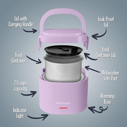 Nostalgia Portable Heated Lunch Box – 2.5-Cup Stainless Steel Food Warmer – Detachable Cord, Leak-Proof Lid, Carry Handle – Portable for Work & Travel – Lavender