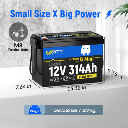 12V 314Ah Mini LiFePO4 Lithium Battery with Bluetooth 5.0, 200A BMS, 4.01kWh Energy, Upgraded Aluminum Cooling Fins & Braided Copper Wires, for RV, Marine, 300ah + LiFePO4 Battery