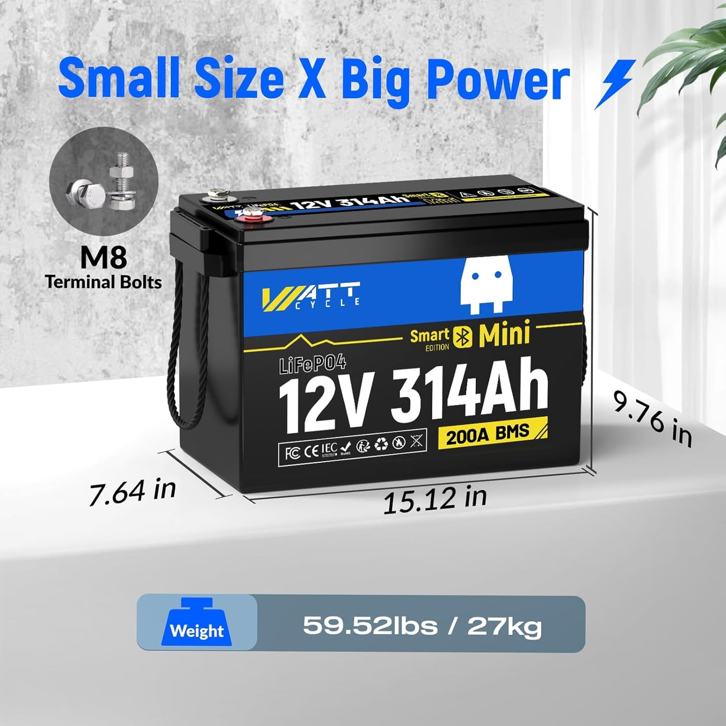 12V 314Ah Lithium LiFePO4 Battery Mini with Bluetooth 5.0 BMS 200A, 4.01kWh Energy, Upgraded Aluminum Cooling Fins & Braided Copper Wires, upporting devices over 2000W (1 PCAK)