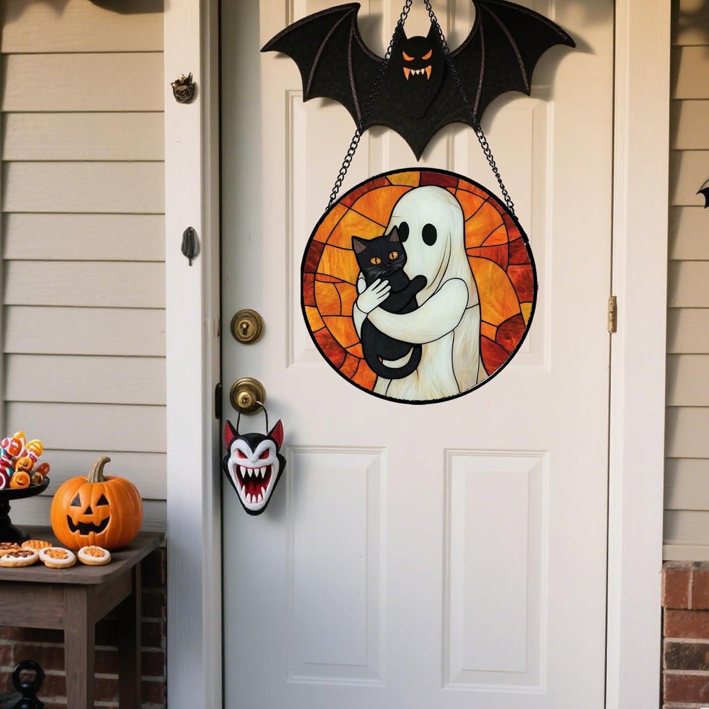 Stained Glass Window Hanging - Halloween Decorations White Ghost Black Cat Suncatcher for Doors Garden Spooky Funny Orange Sun Catchers Gothic Decor Horror Gifts for Women Men Friend 7.8 in