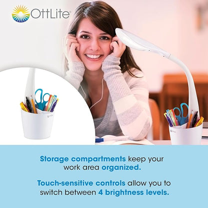 OttLite LED Desk Lamp Space Organizer with Flexible Neck Height - 4 Brightness Settings with Touch Activated Controls, Energy-Efficient Natural Daylight LEDs for Home Office, Desk, & Dorms