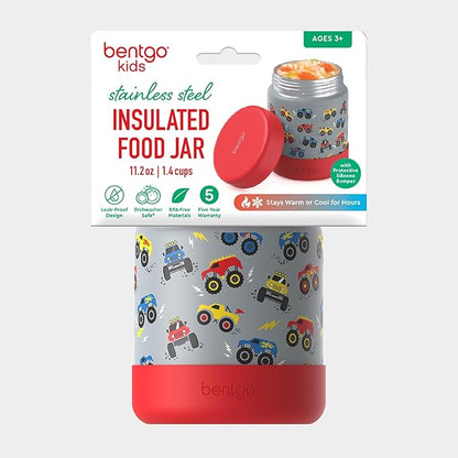 Bentgo Kids Stainless Steel Food Jar - 11oz Leak-Proof Double Insulated Hot or Cold Food Container with Removable Silicone Bumper, Dishwasher Safe, Easy Open Lid, Ages 3+ (Trucks)