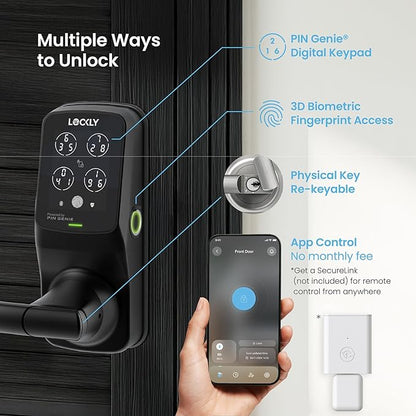 Lockly Secure Plus Bluetooth Smart Door Lock, Keyless Entry with PIN Genie® Digital Keypad, 3D Biometric Fingerprint Sensor Front Door Lock with Handle, Voice Control & Auto Lock - Latch Edition