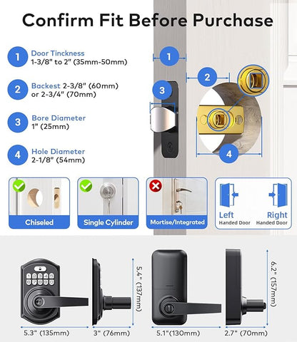 TEEHO TE019 Smart Keyless Entry Door Lock with Handle, App Control, Digital Electronic Keypad, Remote One-Time Code Sharing, Auto Lock & Passage Mode, for Bedroom & Rental, Matte Black