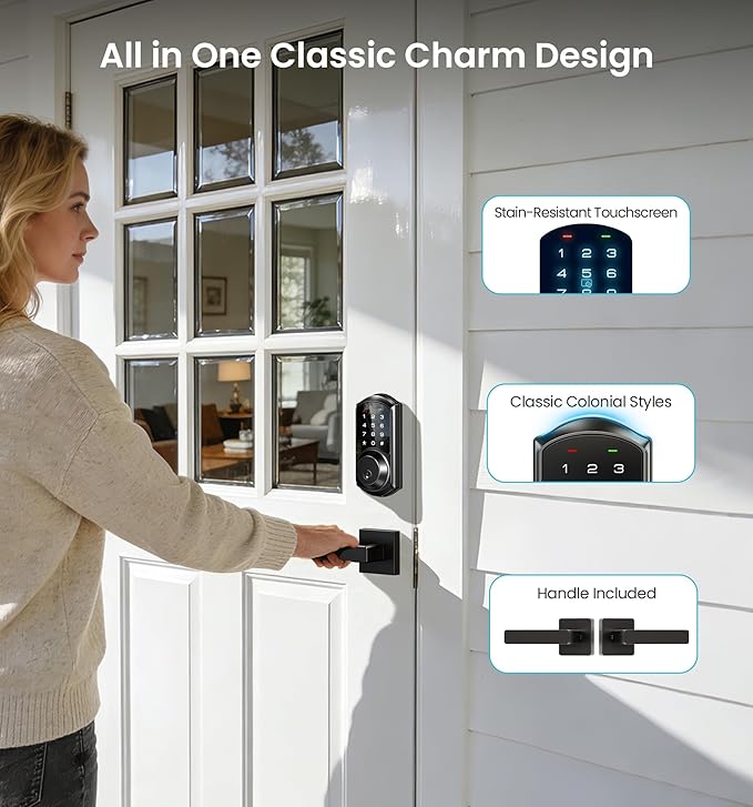 Veise VE06-L Smart Locks with 2 Lever Handle Set, App Control, Keyless Entry Deadbolt for Front Door, Electronic Digital Touchscreen Keypad, Auto Lock, Waterproof, Easy Installation, Matte Black