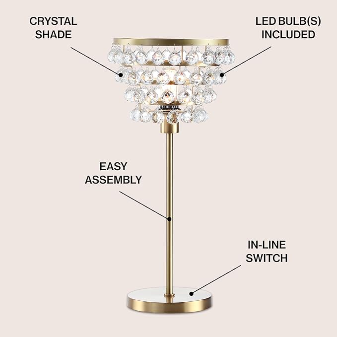 JONATHAN Y 25" Brass Gold/Clear Table Lamp, Modern Industrial Chandelier Style Light, Clear Crystal Beads, Glam Bedside Nightstand Lamp for Bedroom Living Room, LED Bulb Included (JYL9004B)