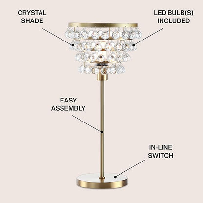 JONATHAN Y 25" Brass Gold/Clear Table Lamp, Modern Industrial Chandelier Style Light, Clear Crystal Beads, Glam Bedside Nightstand Lamp for Bedroom Living Room, LED Bulb Included (JYL9004B)