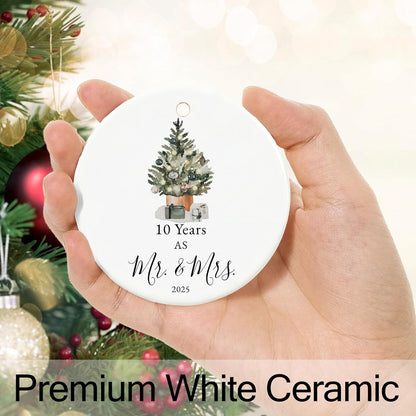 10th Anniversary Ornament Gifts for Couple, 10th Wedding Anniversary for 10 Year as Mr and Mrs Gifts, Ceramic Keepsake 10 Year Anniversary Christmas Ornaments with Ribbon and Box