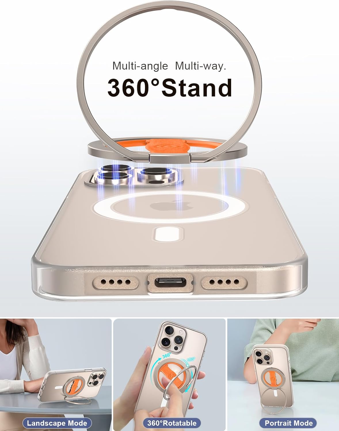 EWA MagOne 3rd Gen [Compatible with MagSafe] Phone Grip Stand with Finger Strap, Removable Magnetic Ring Holder Kickstand Loop for iPhone 16,15, 14, 13, 12 Series-(Gold-Orange)