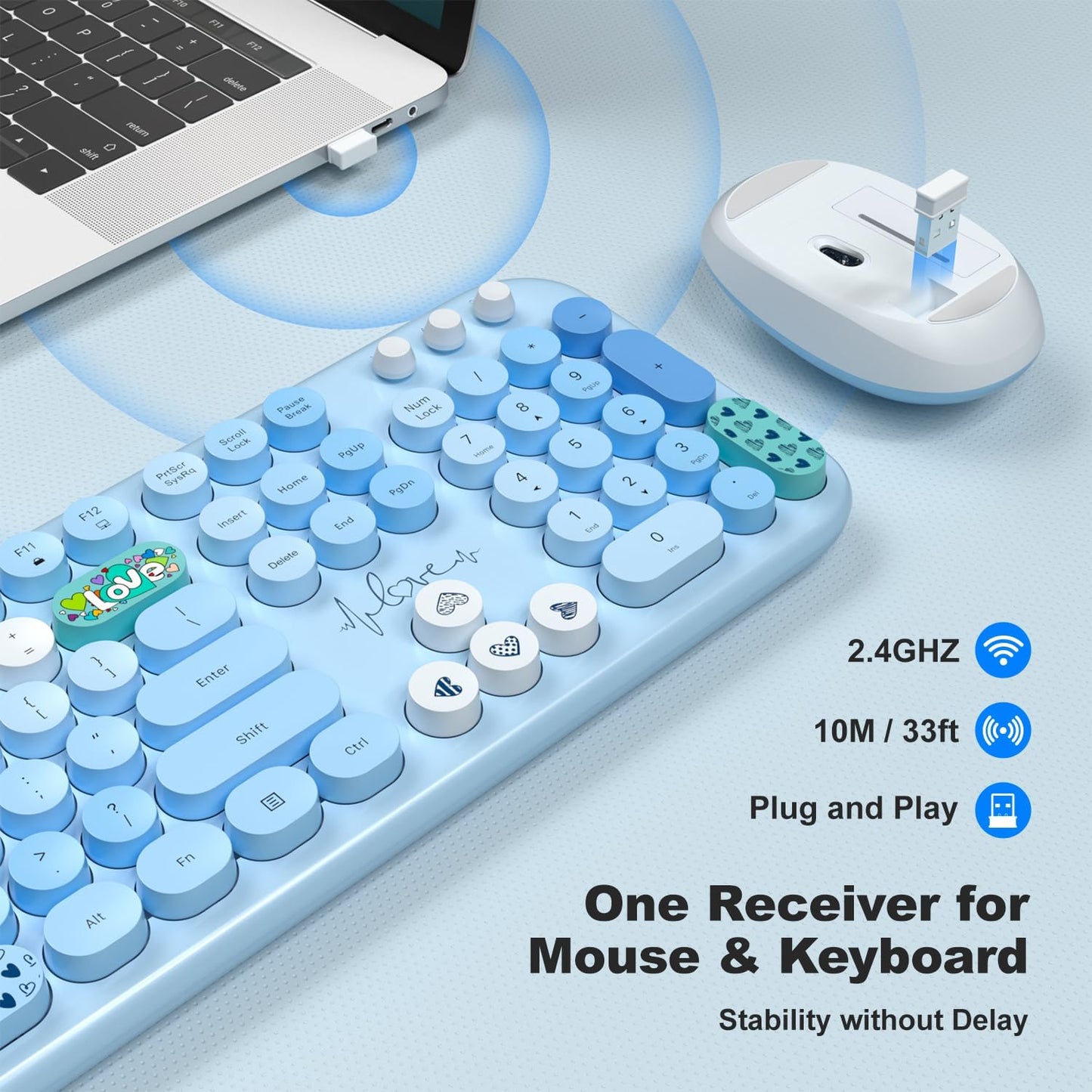 KNOWSQT Wireless Keyboard and Mouse Combo - Lovely Blue Rainbow Full-Sized Typewriter Colorful Keyboards, Round Keycap USB Plug Play Retro Cute Keyboards for Windows, Laptop, PC, Desktop, Computer