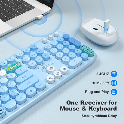 KNOWSQT Wireless Keyboard and Mouse Combo - Lovely Blue Rainbow Full-Sized Typewriter Colorful Keyboards, Round Keycap USB Plug Play Retro Cute Keyboards for Windows, Laptop, PC, Desktop, Computer