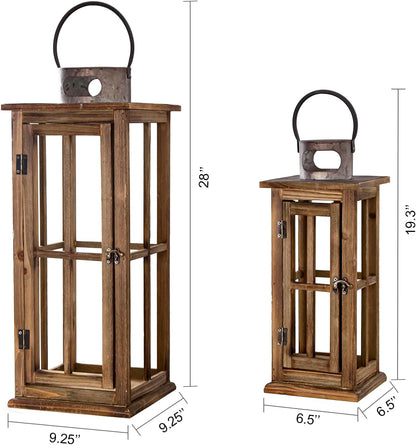 TIMRIS Large Farmhouse Wooden Metal Lantern Set of 2, Rustic Decorative Floor Candle Lanterns, Vintage Distressed Hanging Lanterns for Home Décor (No Glass)