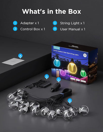 Govee Outdoor Clear Bulb String Lights, 48ft RGBWIC Outdoor String Lights with 15 Dimmable Warm White LED Bulbs, 111 Scene Modes for Patio, Backyard, IP67 Waterproof, Works with Alexa, Google & Matter