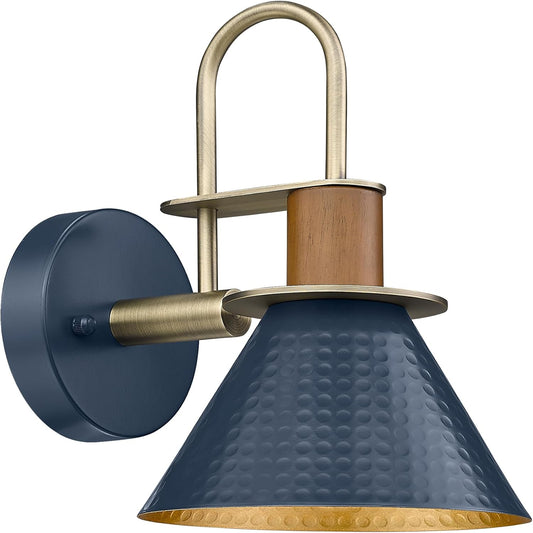 HWH Rustic Wall Sconces, Industrial Sconce Wall Lighting Indoor Wall Lamp, Gooseneck 1-Light Barn Vanity Light for Bathroom Bedroom Bedside, Hammered Metal Shade, Navy Blue Finish, 5HZG74B BL+BG