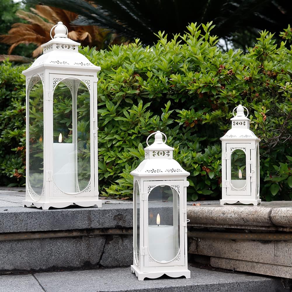 TRIROCKS Set of 3 Vintage Candle Lanterns 10/14/19.5'' High Decorative Outdoor Lantern Metal Candle Holder with Tempered Glass for Home Living Room Garden Yard Parties Events Indoors Outdoors (White)