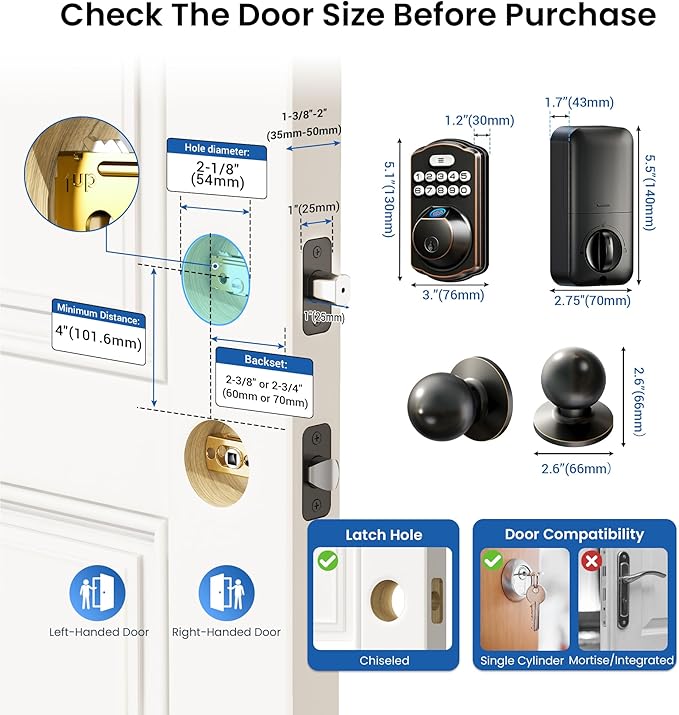 Veise Fingerprint Door Lock with 2 Knobs - Keyless Entry Door Lock with Handle, Electronic Keypad Deadbolt, Smart Front Handle Set, Auto-Locking, Waterproof, Easy Installation, Oil-Rubbed Bronze