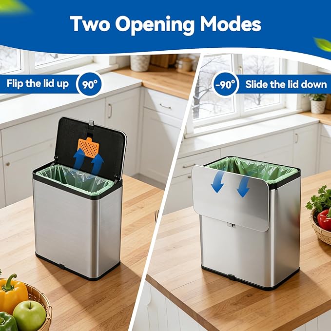 Compost Bin Kitchen, 2.1 Gallon Stainless Steel Trash Can with Lid for Countertop or Under Sink, Hanging Small Trash Bin, Removable Inner Bucket, Built-in Filter, 60 Compostable Garbage Bags