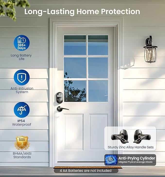 Veise Keyless Entry Door Lock with 2 Lever Handles - Electronic Keypad Deadbolt, Auto Lock, Back Lit & Easy Installation Design, Front Door Handle Sets, Matte Black