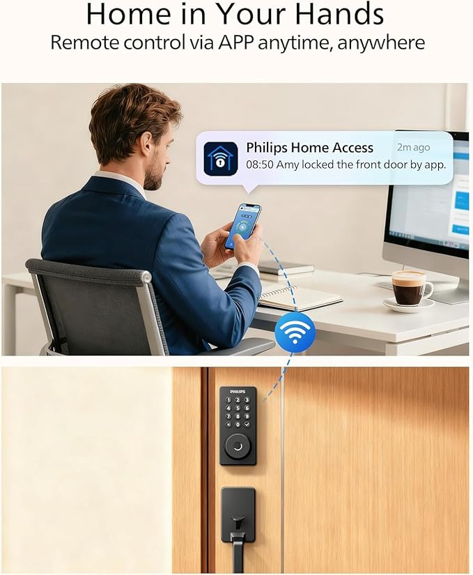 Philips Wi-Fi Smart Door Lock Deadbolt with Handle Set, Keyless Entry Door Lock for Front Door Set, Portable Fingerprint Door Lock with App Control, IP53 Waterproof, Auto Lock, Alexa Voice Control