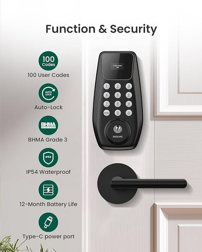 DESLOC C100 Keyless Entry Door Lock with 2 Lever Handles, Smart Deadbolt Lock for Front Door with 2 Keys, Auto Lock, 100 PIN Codes, Passage Mode, IP54 Waterproof, 12 Months Battery,Black