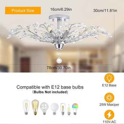 Ganeed Frozen Crystal Branch Close to Ceiling Light Chrome Silvery Vintage Chandelier with 5-Light Heads, Modern K9 Crystal Chandelier for Dining Room Living Room Bedroom Kitchen Over Table