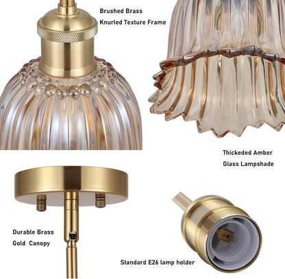 Modern Gold Pendant Light 3 Pack Brushed Brass Mid Century Chandelier Amber Glass Shades Adjustable Rods Farmhouse Ceiling Hanging Lighting Fixture Kitchen Island Dining Room Bedroom