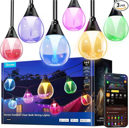 Govee Outdoor Clear Bulb String Lights 144ft, RGBWIC Smart Outdoor Lights with 45 Dimmable LED Bulbs, 111 Scene Modes, IP67 Waterproof Shatterproof, Works with Alexa, Google & Matter for Patio