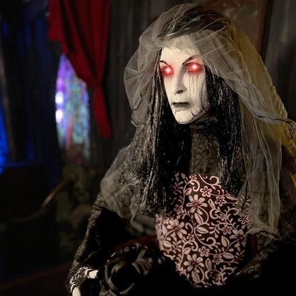 Haunted Hill Farm Rising Ghost Bride by Tekky, Battery-Operated, Sound Activated Animatronic with Sound Effects and Lights for Indoor or Covered Outdoor Creepy Halloween Decoration
