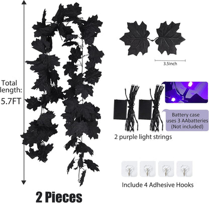 RECUTMS Halloween Maple Leaf Garland with Purple Lights - Black Artificial Leaves Decor for Home Mantle, Stairs, Indoor/Outdoor - 2 Pack