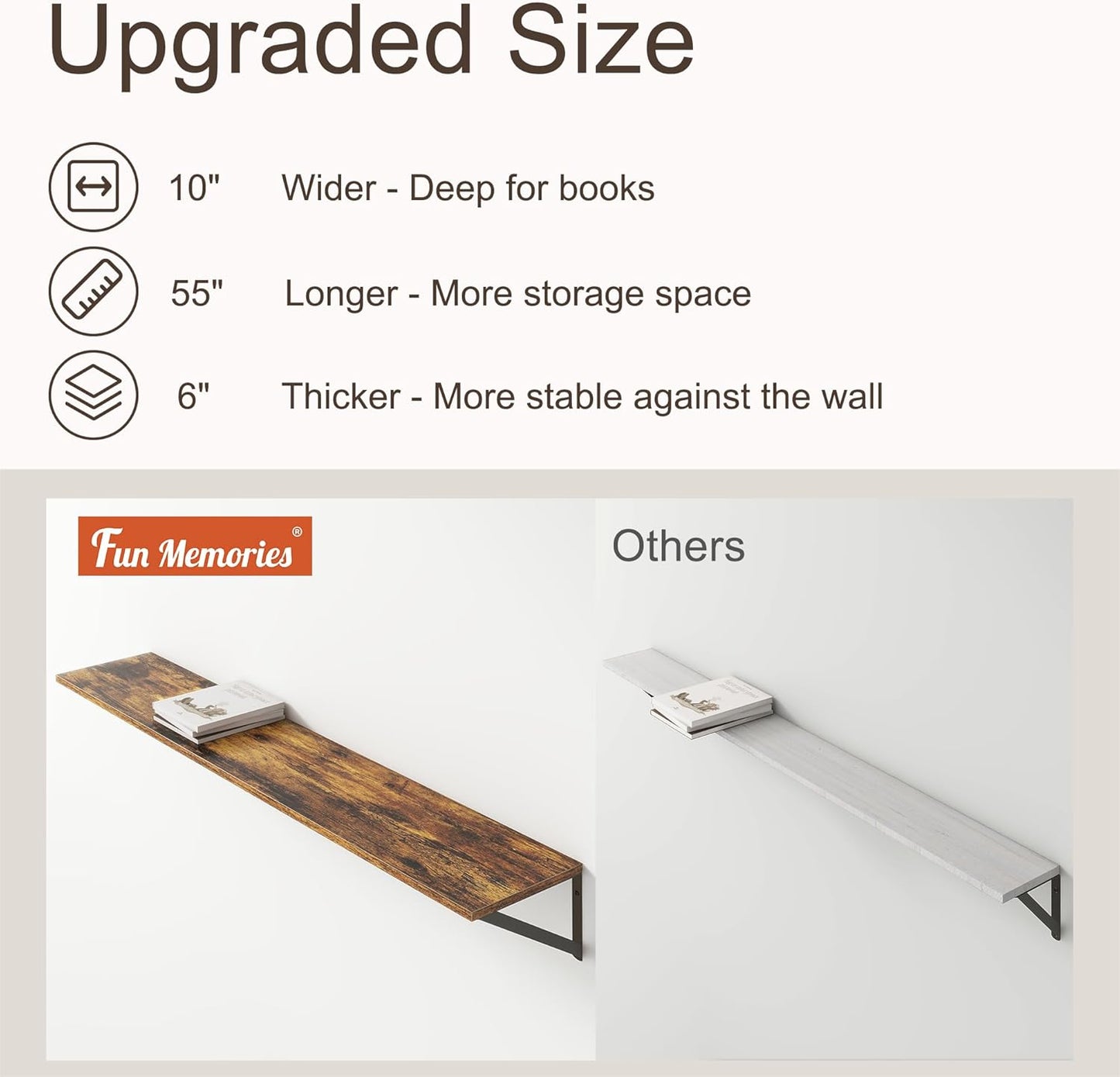 Floating Shelves 55 Inch Long, 10" Deep Floating Shelves, Wall Shelves 55 x 10, Set of 2, Wide Large Display Storage Shelves for Bathroom, Living Room, Rustic Wood Shelves with Brackets, Rustic Brown
