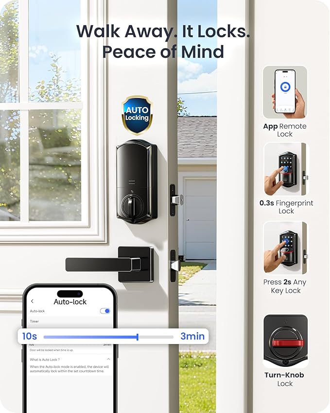 Veise VE027-H Built-in Wi-Fi Fingerprint Smart Deadbolt Lock with Handleset, App Remote & Voice Control, Keyless Entry Front Door Lock Set, Touchscreen Keypad, Auto-Lock, Easy Setup, Matte Black