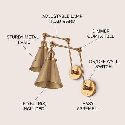 JONATHAN Y JYL7461A-SET2 Rover 7" Farmhouse Industrial Adjustable Arm Metal LED Wall Sconce Rustic Bohemian 2700K 4W Bulb for Entryway Lobby Kitchen Bathroom Bedroom Hallway, Brass Gold (Set of 2)