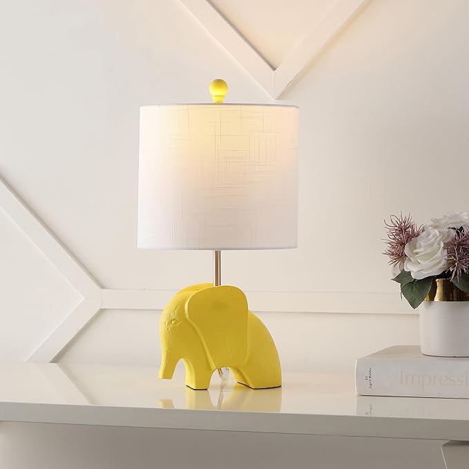 JONATHAN Y 17.5" Yellow Elephant Kids Table Lamp, Whimsical Resin Bedside Lamp with White Linen Drum Shade for Bedroom Playroom Nursery, LED Bulb Included, UL Listed (JYL1143C)