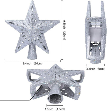 OurWarm Christmas Tree Topper Lighted Star Tree Toppers with LED Rotating Snowflake Projector Lights, 3D Hollow Silver Star Snow Tree Topper for Christmas Tree Decorations