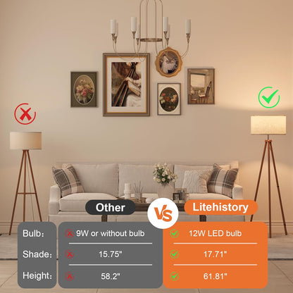 LiteHistory Wood Tripod Floor Lamps for Living Room, Bedroom, and Office,Standing lamp with Beige Linen Shade, 12W Three-Color Bulb Included, Pull Chain Switch, Tall lamp for Mothers Day Gifts, Brown