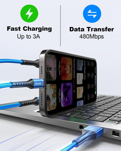 Short Multi Charging Cable 1FT 2Pack 3 in 1 Charger Cord Braided Universal Phone Cords with Lightning/Type C/Micro USB Connectors, Multiple USB Cable for iPhone/Samsung/Google Phones and More
