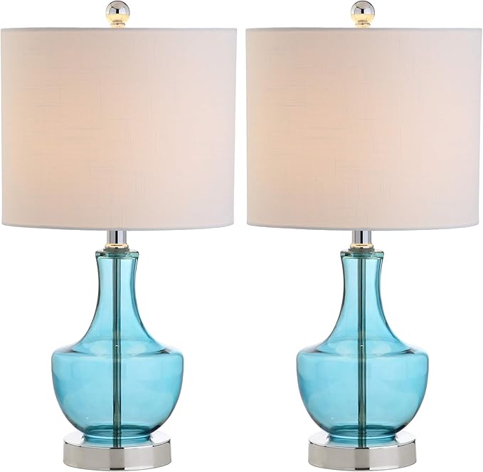JONATHAN Y 20" Amalfi Blue Glass Mini Table Lamp, Modern Bedside Lamp for Bedroom, White Linen Drum Shade, Teardrop Glass Base, LED Bulb Included, UL Listed (JYL1029C-SET2)