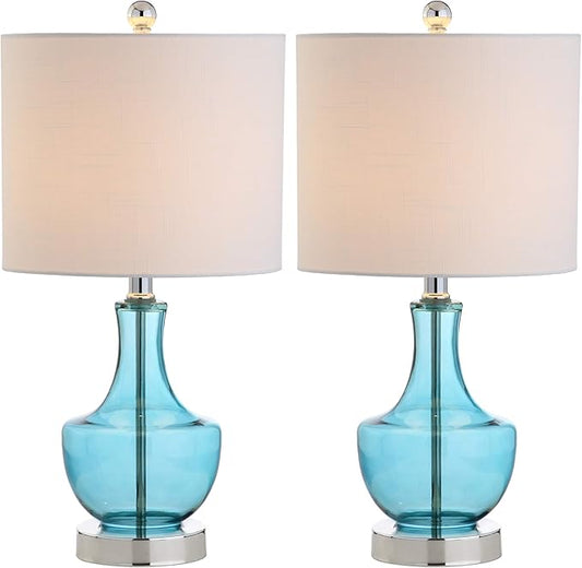 JONATHAN Y 20" Amalfi Blue Glass Mini Table Lamp, Modern Bedside Lamp for Bedroom, White Linen Drum Shade, Teardrop Glass Base, LED Bulb Included, UL Listed (JYL1029C-SET2)