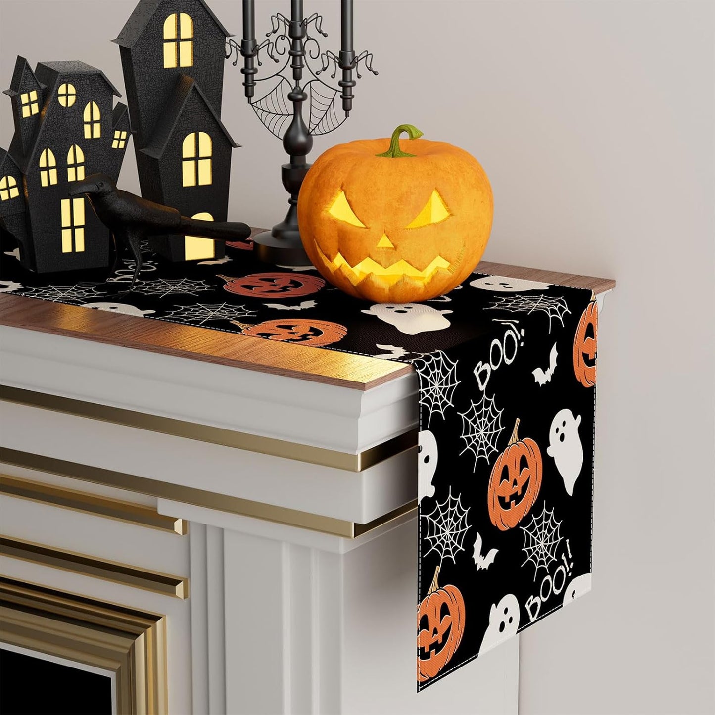 XCHI Boo Spooky Ghost Pumpkin Halloween Table Runner Burlap Table Decoration for Home Kitchen Dining Dinner Indoor Holiday Farmhouse Decor 13x36 Inch