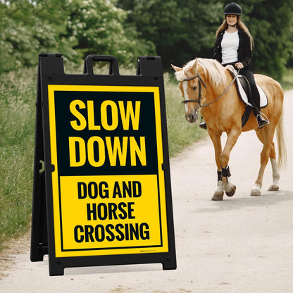 Slow Down Dog and Horse Crossing Sidewalk Sign Kit, 24x36 Inches, with A Frame Stand, Made in USA