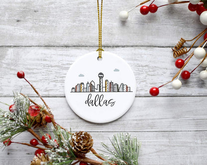 Andaz Press Round Ceramic Porcelain Christmas Tree Ornament Keepsake Gift, Colorful Dallas City Skyline, 1-Pack, Birthday Ideas Family Coworker Gift, Includes Box