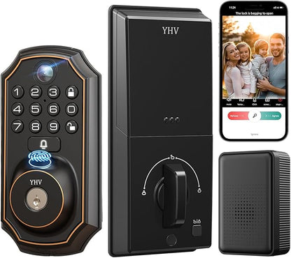 Keyless Entry Door Lock with Camera Fingerprint Smart Door Lock with App Remote Control, Wi-Fi Connected Electronic Keypad Code Deadbolt Auto Unlock for Front Door