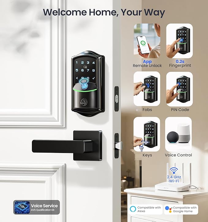 Veise VE027-L Built-in WiFi Smart Lock with Handles, Fingerprint keyless Entry Door Lock Set, App Remote & Voice Control, Electronic Deadbolt for Front Door, Touchscreen Keypad, Auto Lock, Matte Black