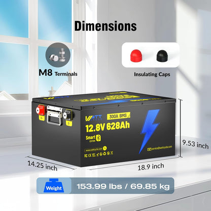 12V 628Ah LiFePO4 Lithium Battery 300A BMS, Built-in Bluetooth 5.0, Full Metal Case 8038Wh Energy, 15000+ Deep Cycles Batterys, Perfect for Home Energy, RV, Marine, Solar, Trolling Motor