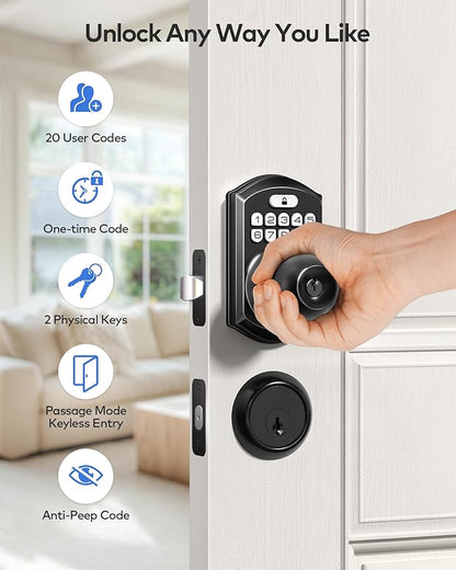 TEEHO TE003 Keyless Entry Keypad Door Lock with Handle, Electronic Digital Smart Locks for Front Door, Smart Door Knob with Code for Bedroom, Auto Lock, Passage Mode, Easy to Install, Matte Black