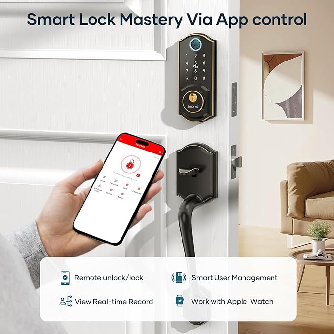 Smart Door Lock with Handle Set: SMONET Front Door Lock Set Keyless Entry, Fingerprint Keypad Bluetooth Alexa Deadbolt Lockset Suitables for Rental Management and Smart Home Residents